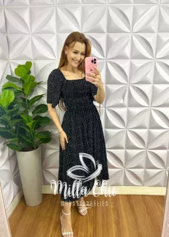 Vestido Viscolinho Manga Raglan Com Lastex Sophia - Poá Preto - Milla Chic