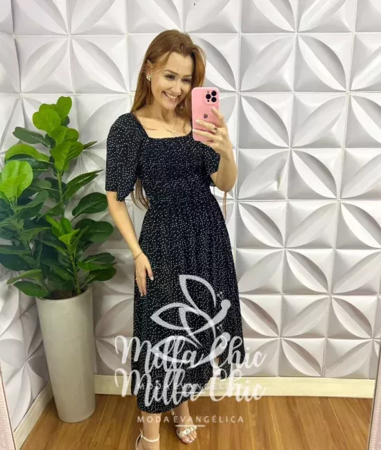 Vestido Viscolinho Manga Raglan Com Lastex Sophia - Poá Preto - Milla Chic