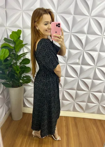 Vestido Viscolinho Manga Raglan Com Lastex Sophia - Poá Preto - Milla Chic