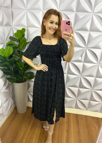 Vestido Viscolinho Manga Raglan Com Lastex Sophia - Poá Preto - Milla Chic