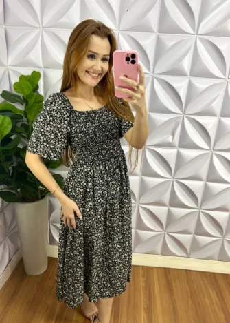 Vestido Viscolinho Manga Raglan Com Lastex Sophia - Preto - Milla Chic