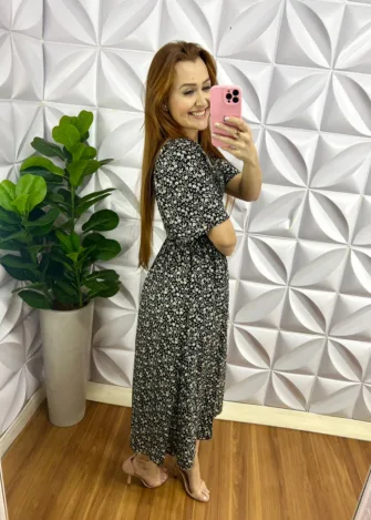 Vestido Viscolinho Manga Raglan Com Lastex Sophia - Preto - Milla Chic