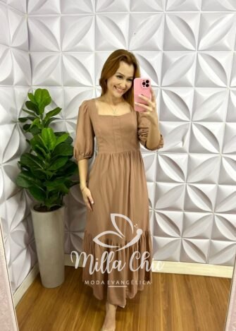 Vestido Viscolinho Maquinetado Longo Juju - Marrom - Milla Chic