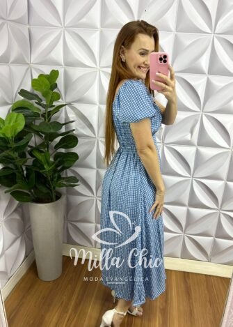 Vestido Viscolinho Mídi Estampado Flaviana - Azul e Branca - Milla Chic