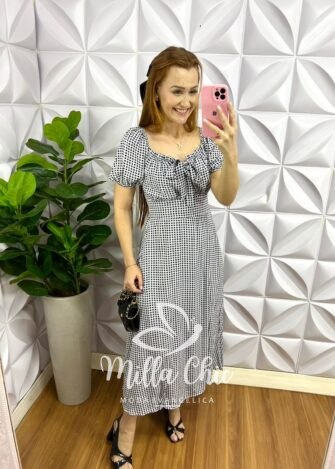 Vestido Viscolinho Mídi Estampado Flaviana - Preto e Branco - Milla Chic