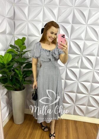 Vestido Viscolinho Mídi Estampado Flaviana - Preto e Branco - Milla Chic