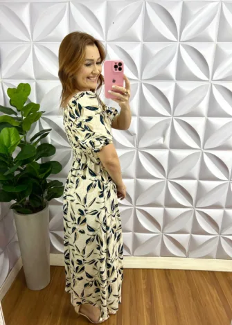 Vestido Viscolinho Mídi Estampado Sheila - Areia Com Azul - Milla Chic