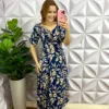Vestido Viscolinho Mídi Estampado Sheila - Azul - Milla Chic