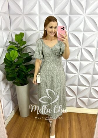 Vestido Viscolinho Mídi Estampado Sheila - Cinza e Verde - Milla Chic