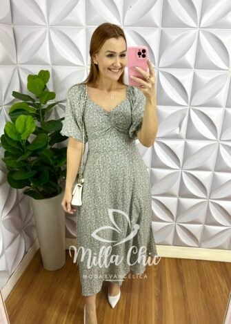 Vestido Viscolinho Mídi Estampado Sheila - Cinza e Verde - Milla Chic