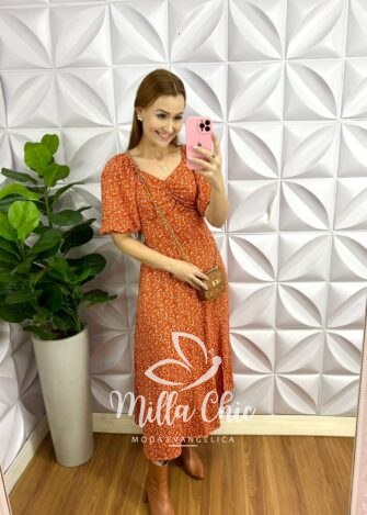 Vestido Viscolinho Mídi Estampado Sheila - Laranja - Milla Chic