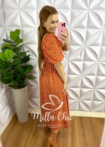 Vestido Viscolinho Mídi Estampado Sheila - Laranja - Milla Chic