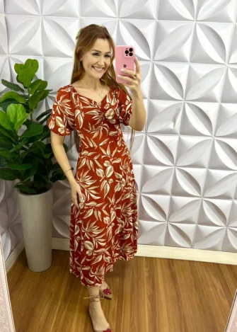 Vestido Viscolinho Mídi Estampado Sheila - Terra Cota - Milla Chic