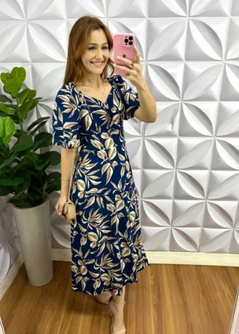 Vestido Viscolinho Mídi Estampado Sheila - Azul - Milla Chic