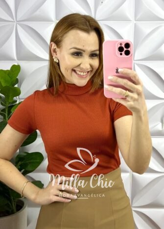 Blusa Anarruga Com Elastano Gola Alta Esme - Terra Cota - Milla Chic