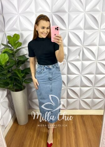 Blusa Canelada de Algodão Gola Alta Paloma - Preto - Milla Chic