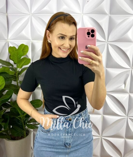 Blusa Canelada de Algodão Gola Alta Paloma - Preto - Milla Chic