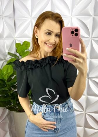 Blusa Crepinho Com Trabalhado de Flor Loren - Preta - Milla Chic