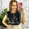 Blusa Linho Com Manga Babadinho Bordada Florença - Preta - Milla Chic