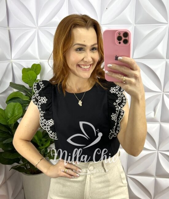 Blusa Linho Com Manga Babadinho Bordada Florença - Preta - Milla Chic