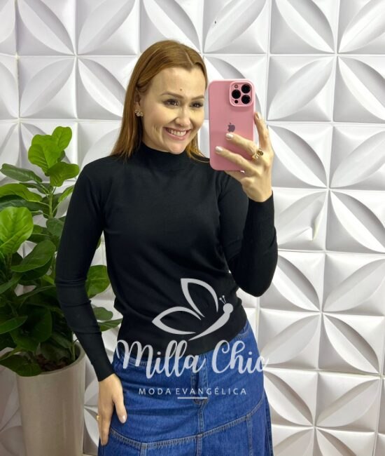 Blusa Tricot Modal Gola Alta Com Elástico Manga Longa Saray - Preto - Milla Chic