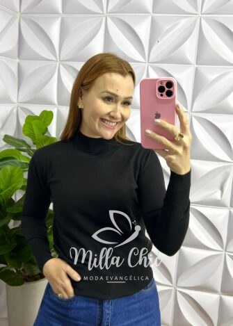 Blusa Tricot Modal Gola Alta Com Elástico Manga Longa Saray - Preto - Milla Chic