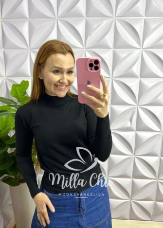 Blusa Tricot Modal Gola Alta Com Elástico Manga Longa Saray - Preto - Milla Chic