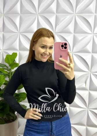 Blusa Tricot Modal Gola Alta Com Elástico Manga Longa Saray - Preto - Milla Chic