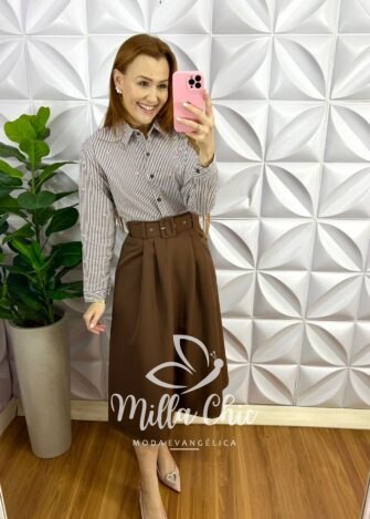 Camisa de Tricoline Listrada Com Bordado Floral Manga Longa Analice - Marrom - Milla Chic