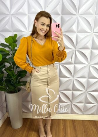 Camisa Dunna Manga Longa Lastex No Punho Sacha - Mostarda - Milla Chic