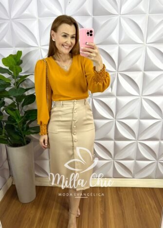 Camisa Dunna Manga Longa Lastex No Punho Sacha - Mostarda - Milla Chic