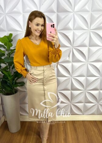 Camisa Dunna Manga Longa Lastex No Punho Sacha - Mostarda - Milla Chic
