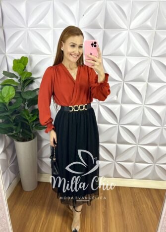 Camisa Envelope Dunna Manga Longa Elisangela - Terra Cota - Milla Chic