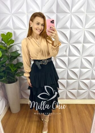 Camisa Envelope Dunna Manga Longa Elisangela - Areia - Milla Chic
