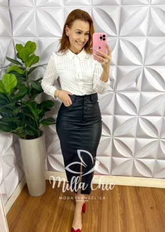 Camisa Lasie Manga Longa Botão Encapado Beatrice - Branca - Milla Chic