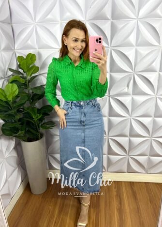 Camisa Lasie Manga Longa Botão Encapado Beatrice - Verde - Milla Chic