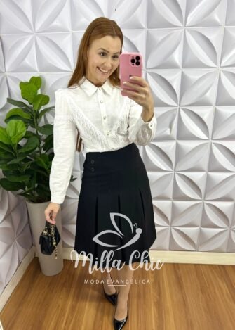 Camisa Linho Bordada De Guipper Manga Longa Catânia - Branco - Milla Chic