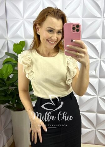 Camisa Linho Bordada De Guipper Manga Longa Catânia - Areia - Milla Chic