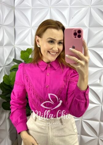 Camisa Linho Bordada De Guipper Manga Longa Catânia - Pink - Milla Chic