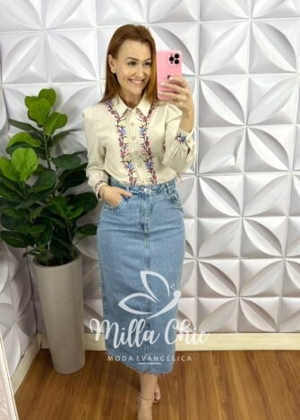 Camisa Linho Bordada Floral Manga Longa Berlin - Areia - Milla Chic