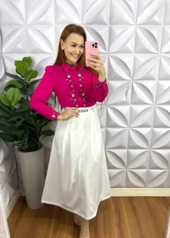Camisa Linho Bordada Floral Manga Longa Berlin - Pink - Milla Chic