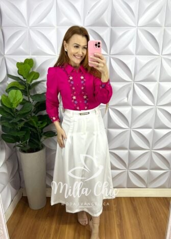 Camisa Linho Bordada Floral Manga Longa Berlin - Pink - Milla Chic