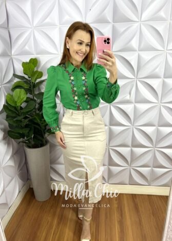 Camisa Linho Bordada Floral Manga Longa Berlin - Verde - Milla Chic