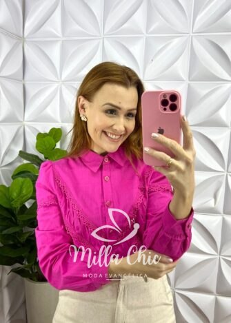 Camisa Linho Bordada De Guipper Manga Longa Catânia - Pink - Milla Chic