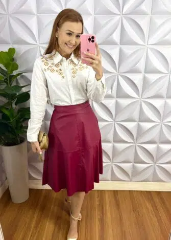 Camisa Linho Bordado Richilieu Manga Longa Brenda - Branca - Milla Chic