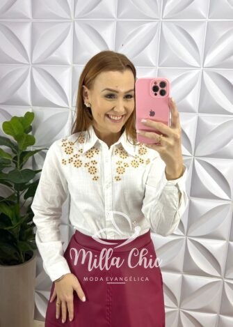 Camisa Linho Bordado Richilieu Manga Longa Brenda - Branca - Milla Chic