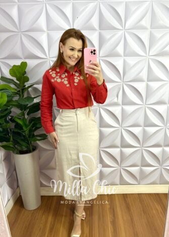 Milla Chic - millachic com br camisa linho bordado richilieu manga longa brenda terra cota 4 Camisa Linho Bordado Richilieu Manga Longa Brenda - Terra Cota - Milla Chic
