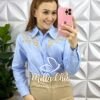 Camisa Linho Bordado Richilieu Manga Longa Brenda - Azul - Milla Chic