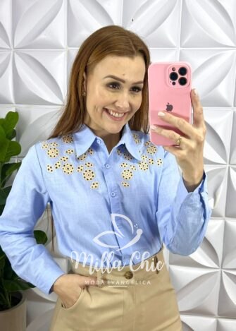 Camisa Linho Bordado Richilieu Manga Longa Brenda - Azul - Milla Chic