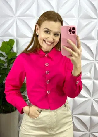 Camisa Tricoline Com Botões De Coração Tatiane - Pink - Milla Chic